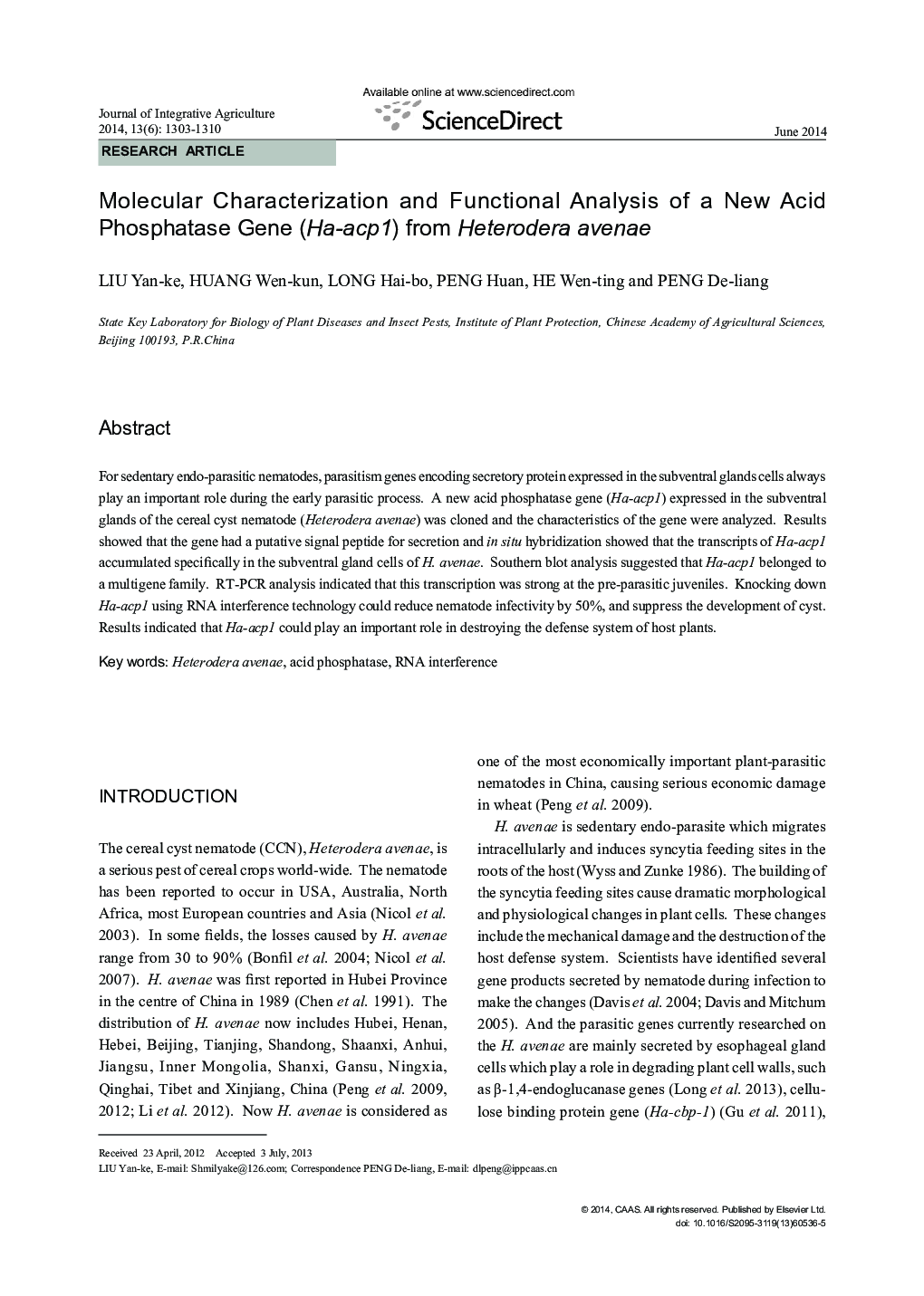 Molecular Characterization and Functional Analysis of a New Acid Phosphatase Gene (Ha-acp1) from Heterodera avenae