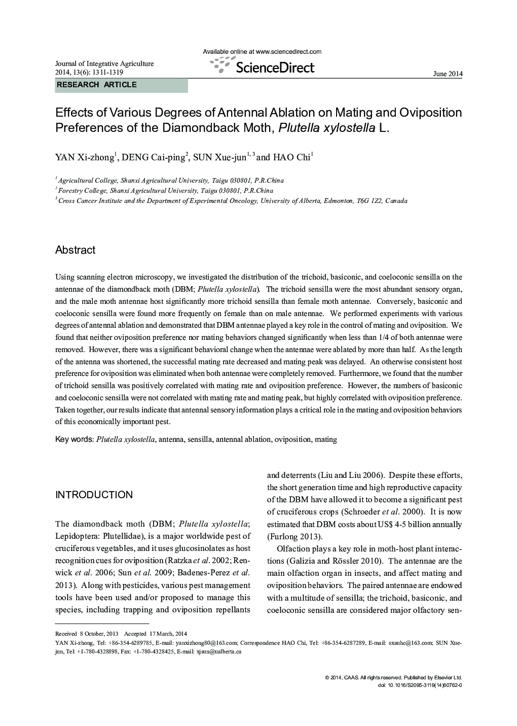 Effects of Various Degrees of Antennal Ablation on Mating and Oviposition Preferences of the Diamondback Moth, Plutella xylostella L.