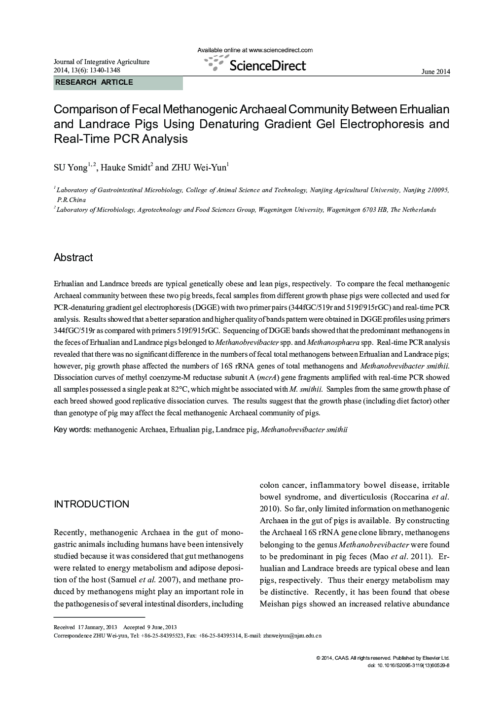 Comparison of Fecal Methanogenic Archaeal Community Between Erhualian and Landrace Pigs Using Denaturing Gradient Gel Electrophoresis and Real-Time PCR Analysis