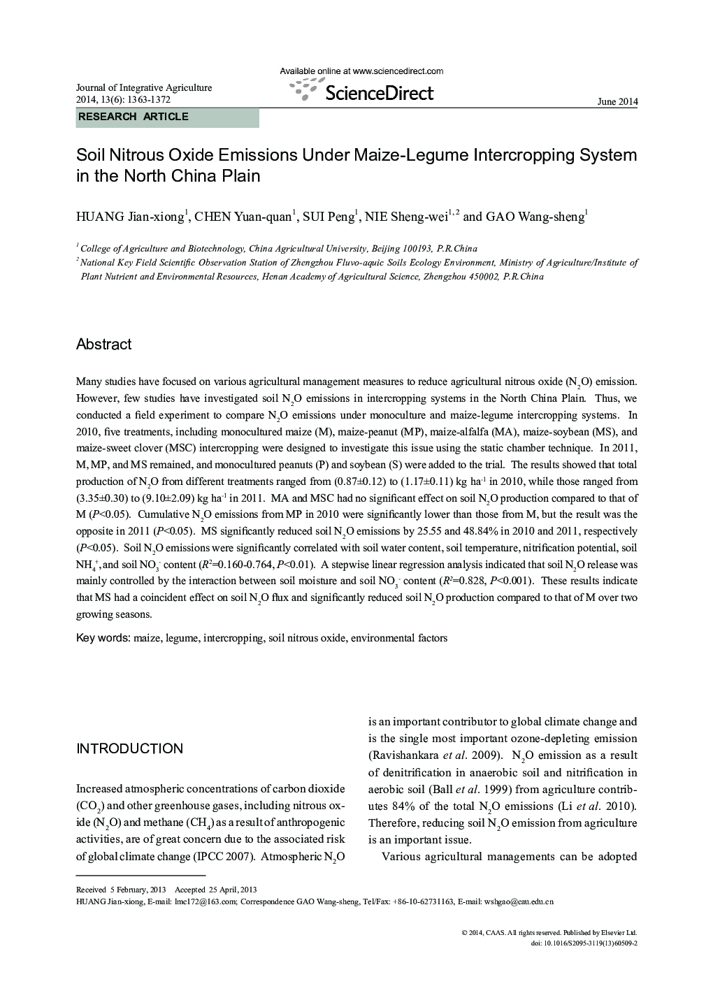 Soil Nitrous Oxide Emissions Under Maize-Legume Intercropping System in the North China Plain