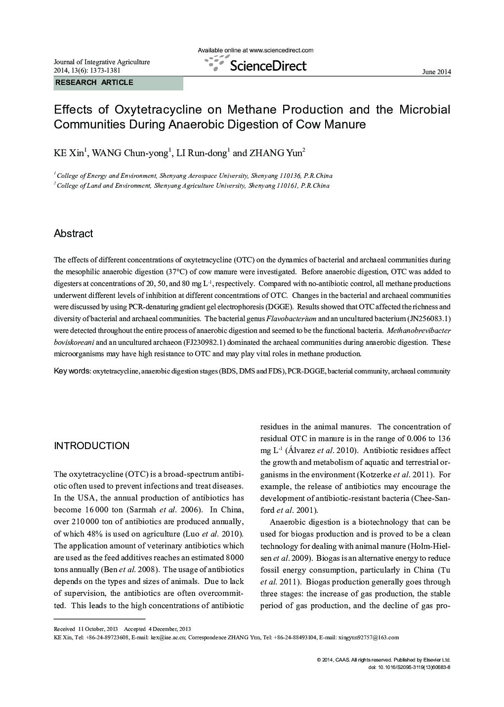 Effects of Oxytetracycline on Methane Production and the Microbial Communities During Anaerobic Digestion of Cow Manure