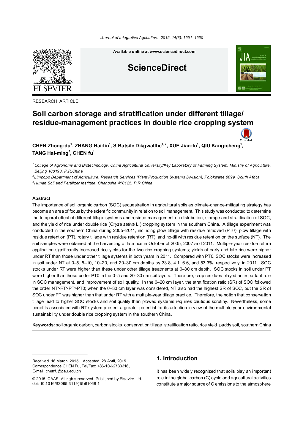 Soil carbon storage and stratification under different tillage/residue-management practices in double rice cropping system