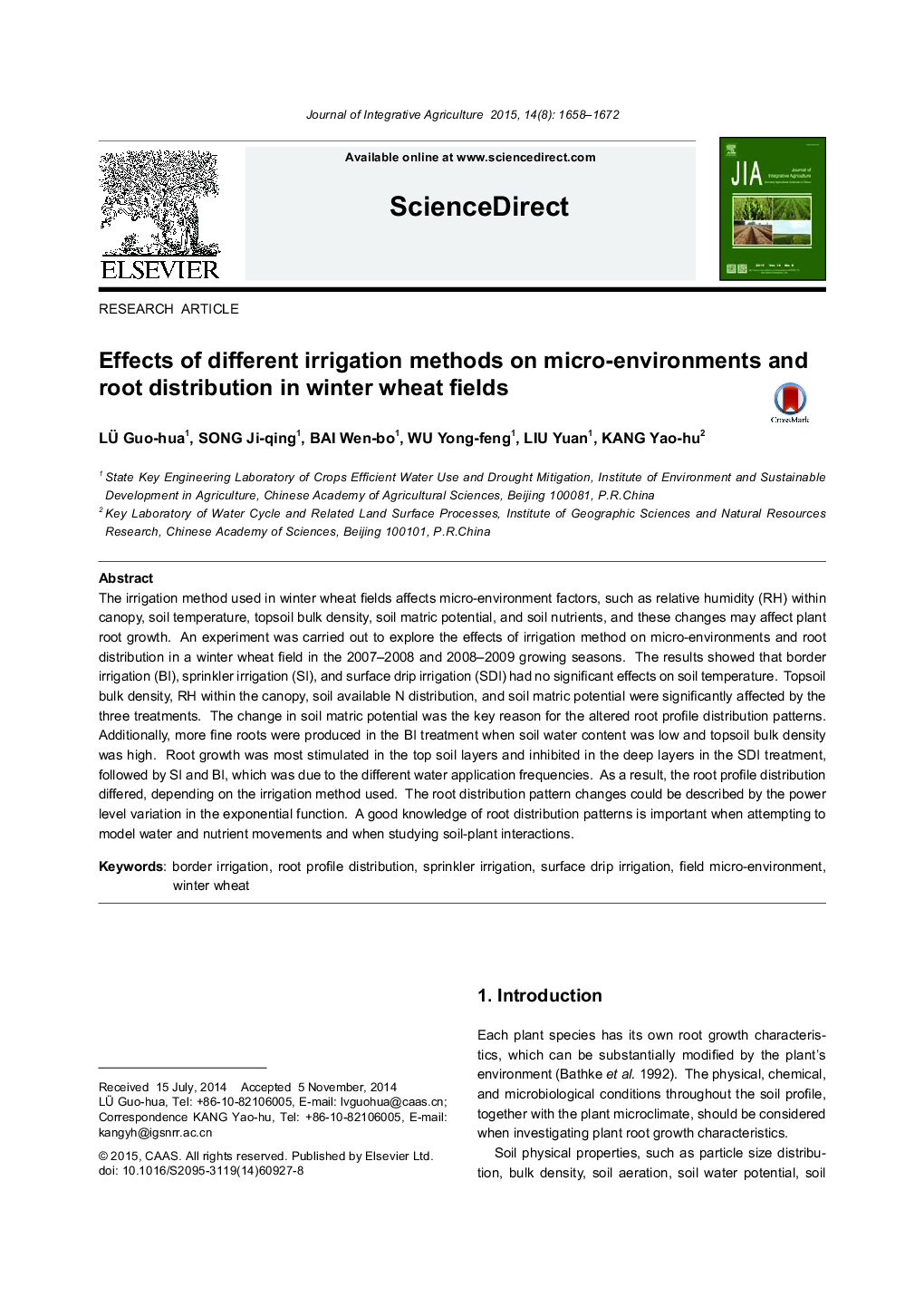 Effects of different irrigation methods on micro-environments and root distribution in winter wheat fields