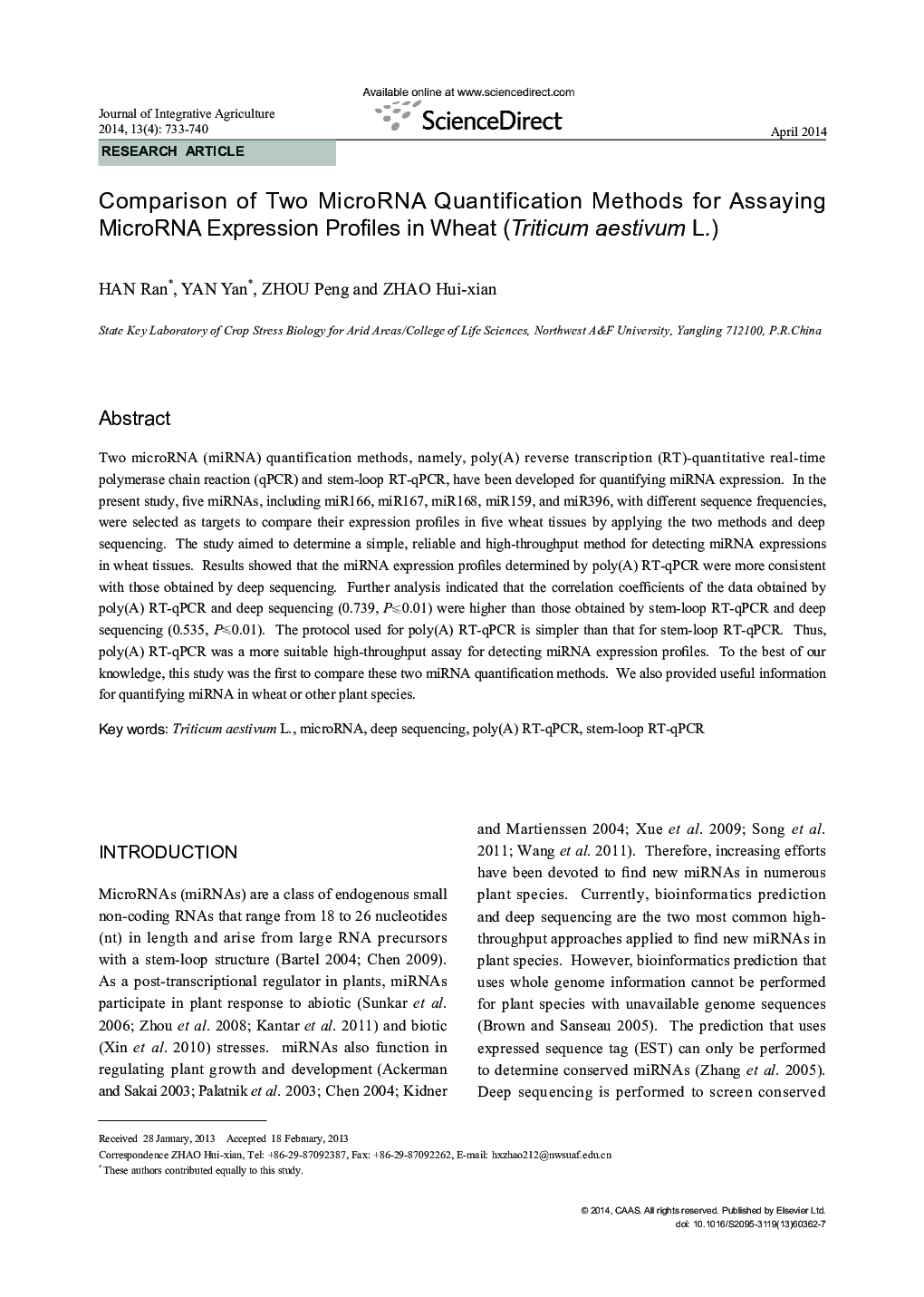 Comparison of Two MicroRNA Quantification Methods for Assaying MicroRNA Expression Profiles in Wheat (Triticum aestivum L.)