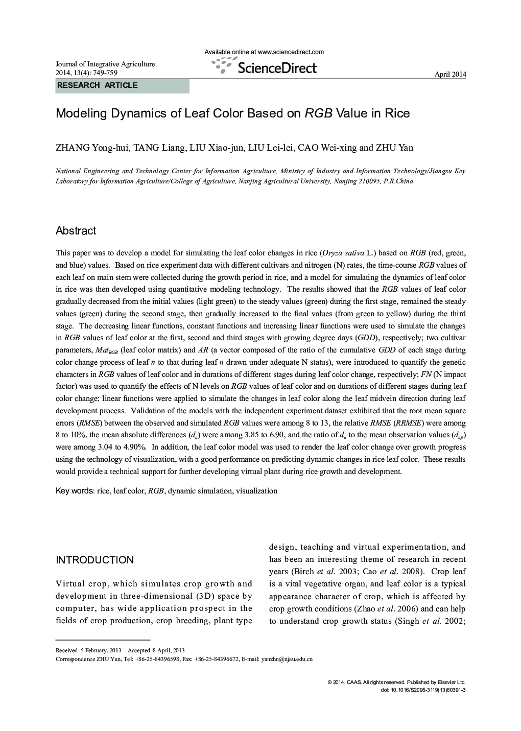 Modeling Dynamics of Leaf Color Based on RGB Value in Rice