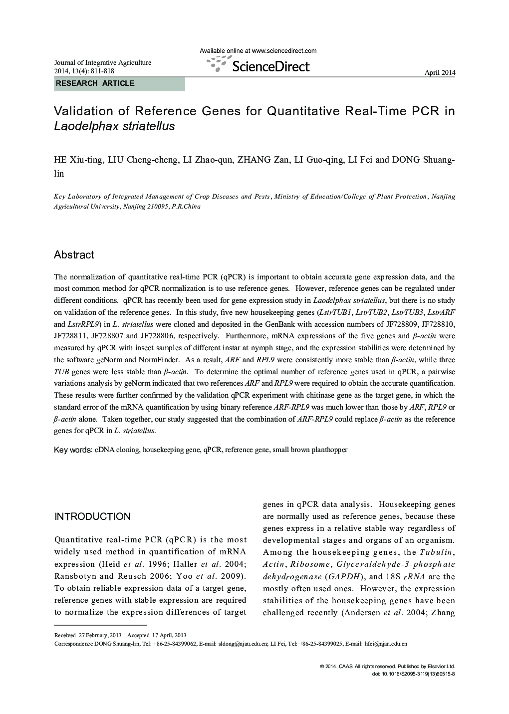 Validation of Reference Genes for Quantitative Real-Time PCR in Laodelphax striatellus