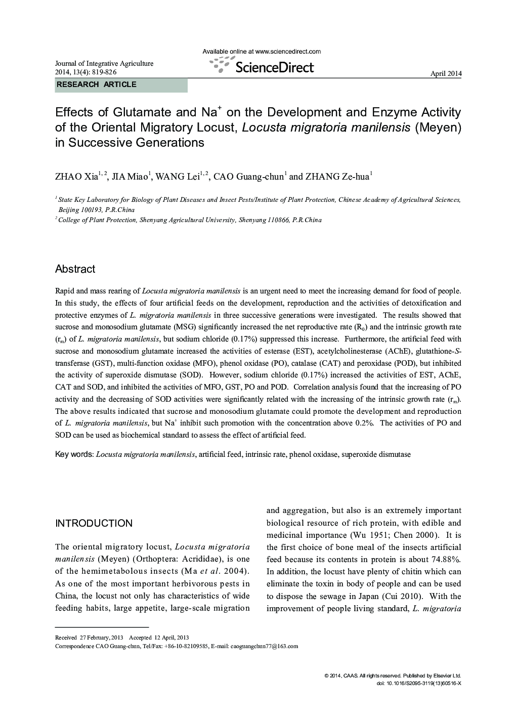 Effects of Glutamate and Na+ on the Development and Enzyme Activity of the Oriental Migratory Locust, Locusta migratoria manilensis (Meyen) in Successive Generations