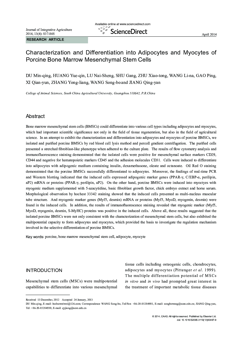 Characterization and Differentiation into Adipocytes and Myocytes of Porcine Bone Marrow Mesenchymal Stem Cells