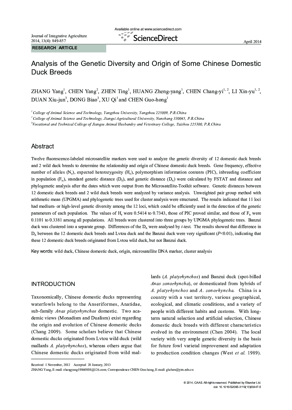 Analysis of the Genetic Diversity and Origin of Some Chinese Domestic Duck Breeds