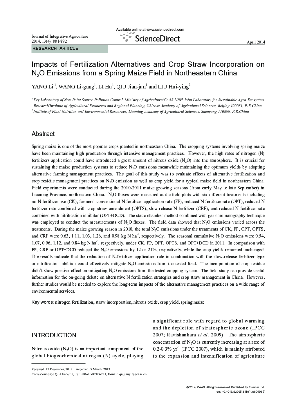 Impacts of Fertilization Alternatives and Crop Straw Incorporation on N2O Emissions from a Spring Maize Field in Northeastern China