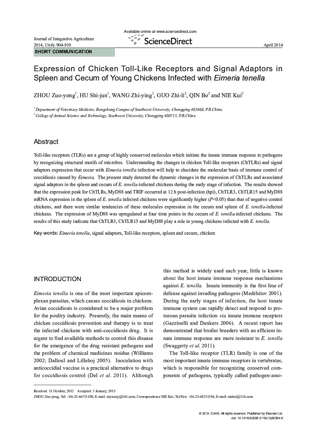 Expression of Chicken Toll-Like Receptors and Signal Adaptors in Spleen and Cecum of Young Chickens Infected with Eimeria tenella