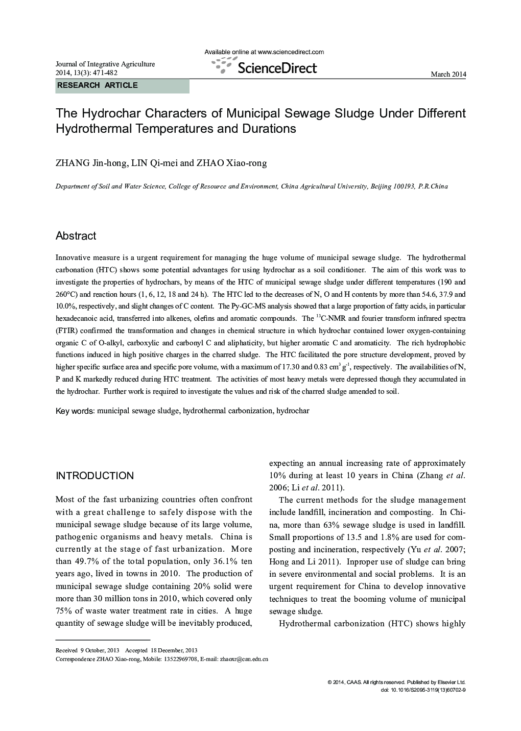 The Hydrochar Characters of Municipal Sewage Sludge Under Different Hydrothermal Temperatures and Durations