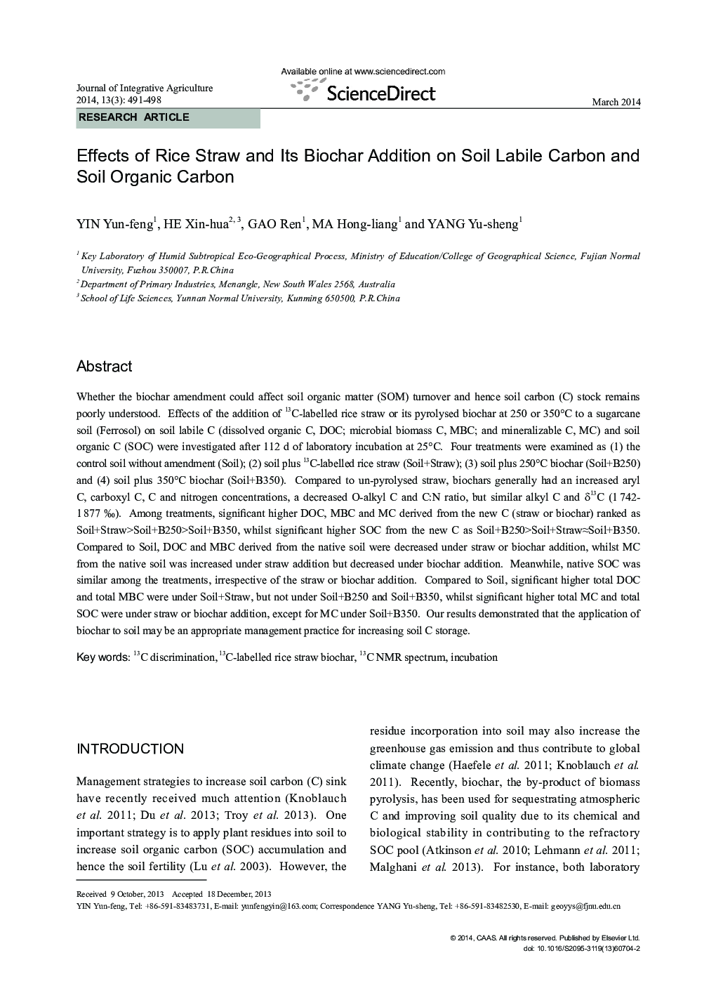 Effects of Rice Straw and Its Biochar Addition on Soil Labile Carbon and Soil Organic Carbon