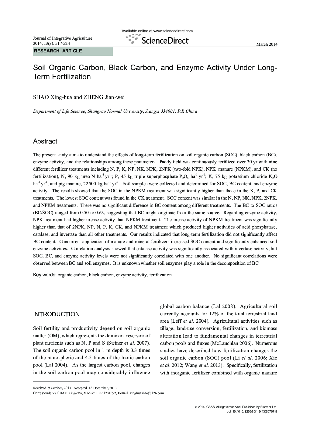 Soil Organic Carbon, Black Carbon, and Enzyme Activity Under Long-Term Fertilization