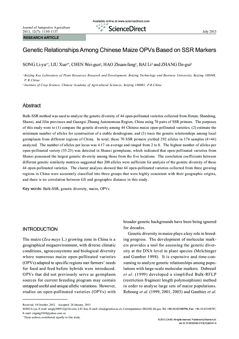 Genetic Relationships Among Chinese Maize OPVs Based on SSR Markers