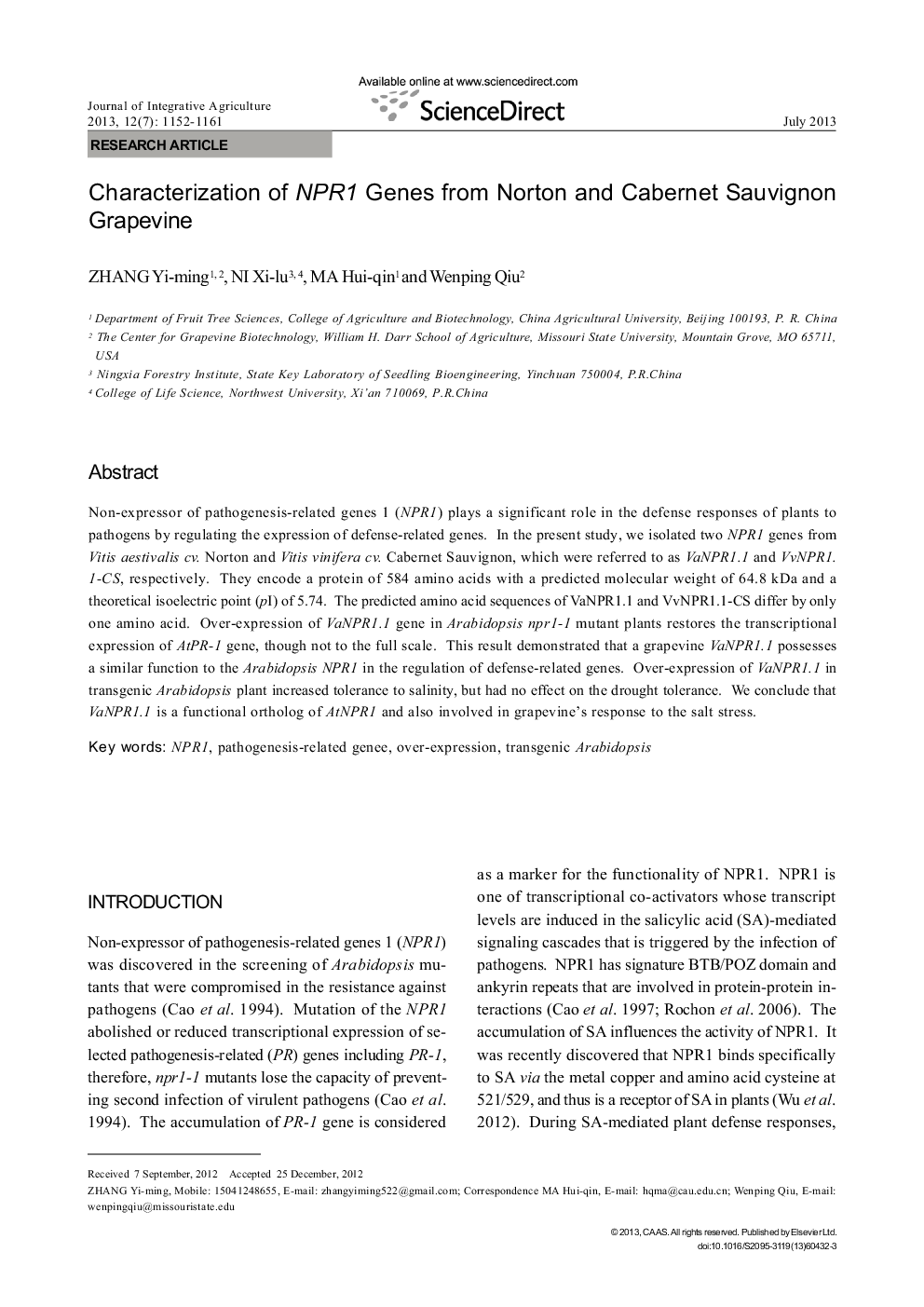 Characterization of NPR1 Genes from Norton and Cabernet Sauvignon Grapevine