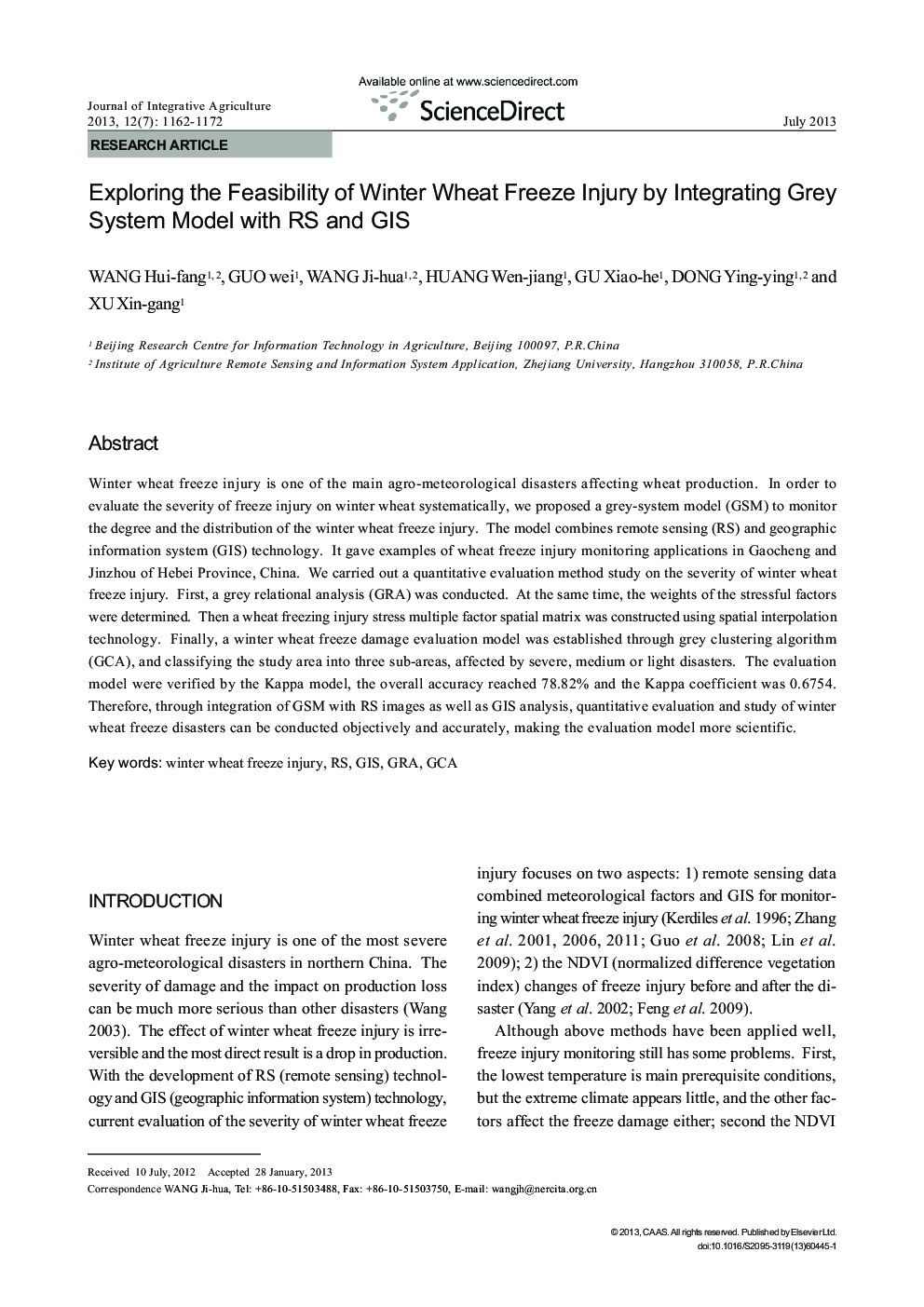 Exploring the Feasibility of Winter Wheat Freeze Injury by Integrating Grey System Model with RS and GIS