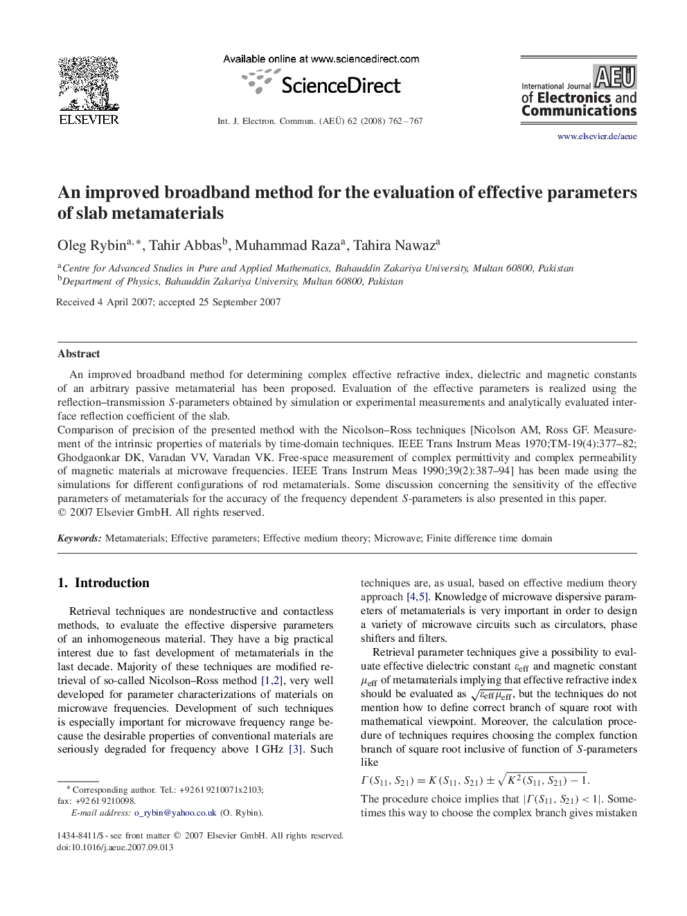 An improved broadband method for the evaluation of effective parameters of slab metamaterials