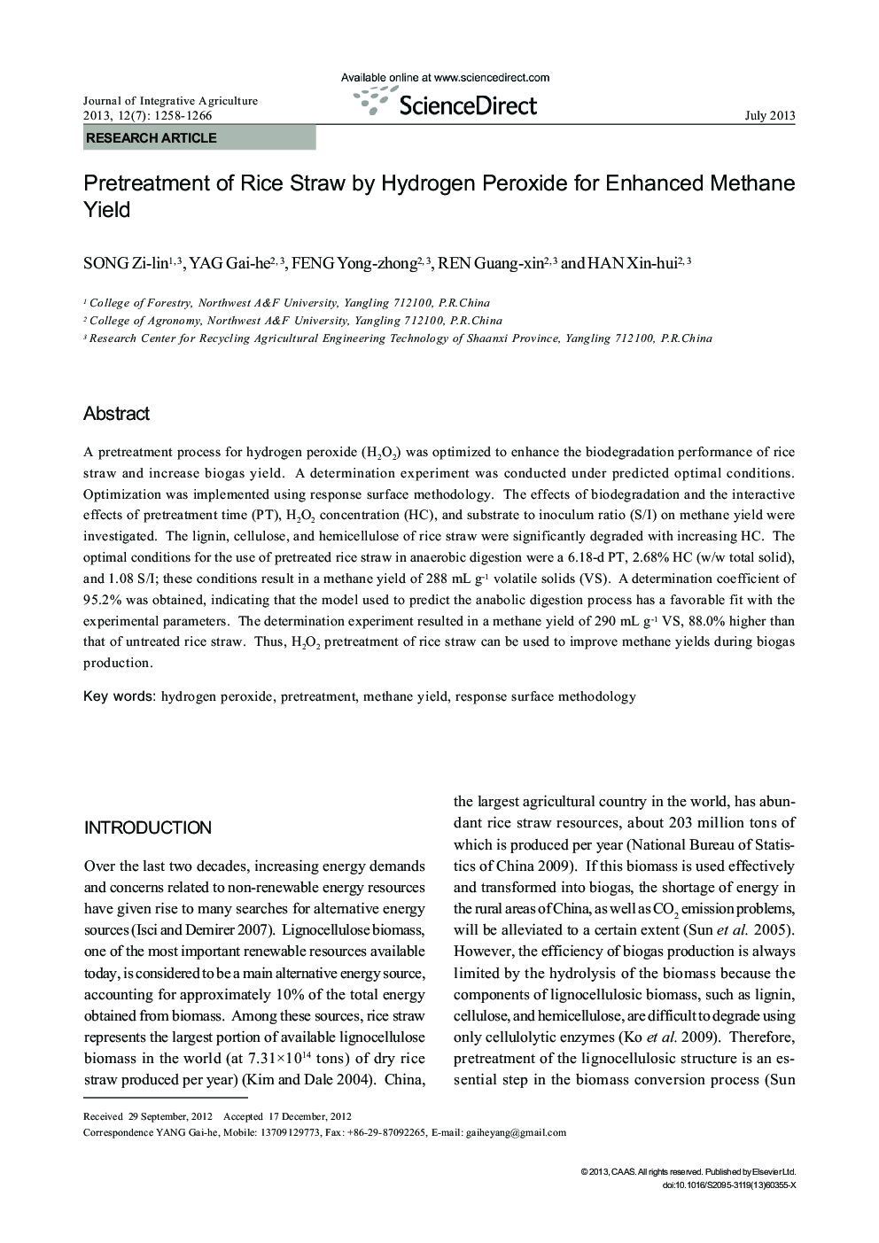 Pretreatment of Rice Straw by Hydrogen Peroxide for Enhanced Methane Yield