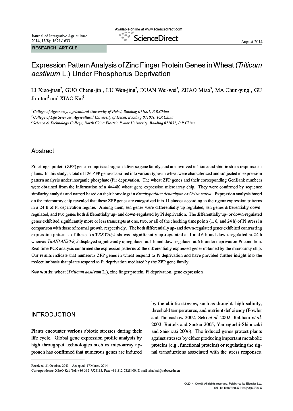 Expression Pattern Analysis of Zinc Finger Protein Genes in Wheat (Triticum aestivum L.) Under Phosphorus Deprivation