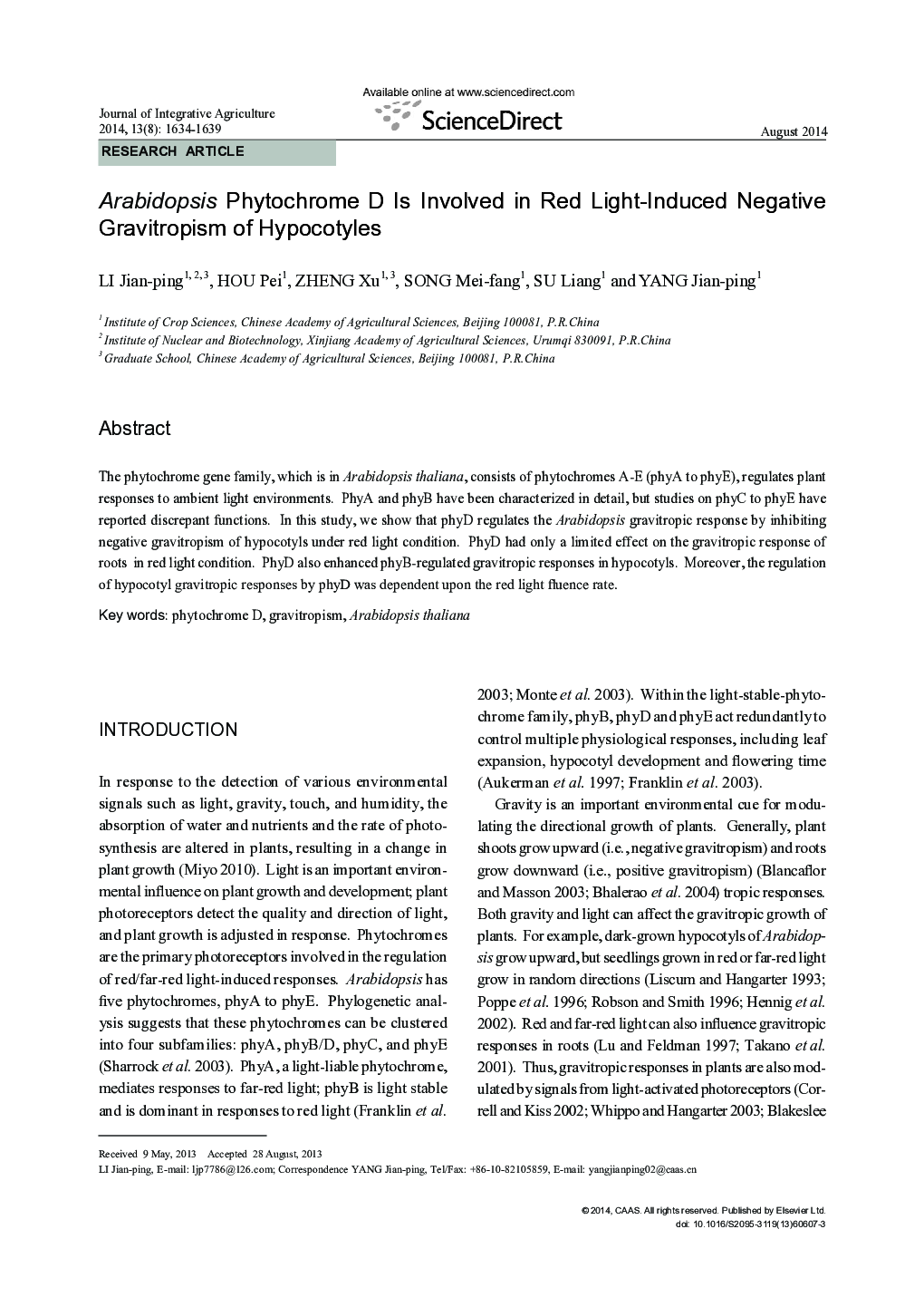 Arabidopsis Phytochrome D Is Involved in Red Light-Induced Negative Gravitropism of Hypocotyles