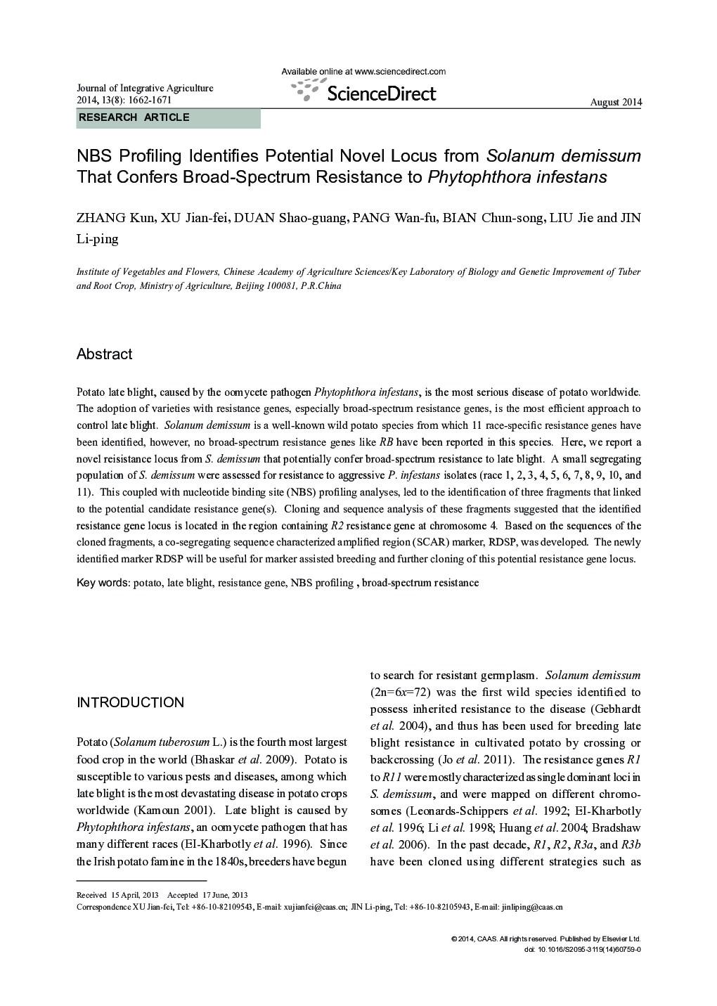 NBS Profiling Identifies Potential Novel Locus from Solanum demissum That Confers Broad-Spectrum Resistance to Phytophthora infestans