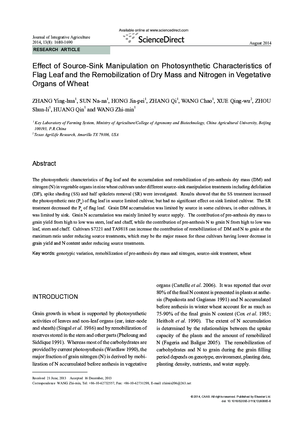 Effect of Source-Sink Manipulation on Photosynthetic Characteristics of Flag Leaf and the Remobilization of Dry Mass and Nitrogen in Vegetative Organs of Wheat