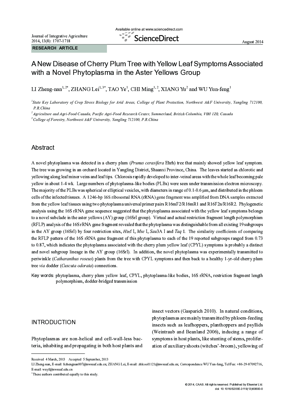 A New Disease of Cherry Plum Tree with Yellow Leaf Symptoms Associated with a Novel Phytoplasma in the Aster Yellows Group