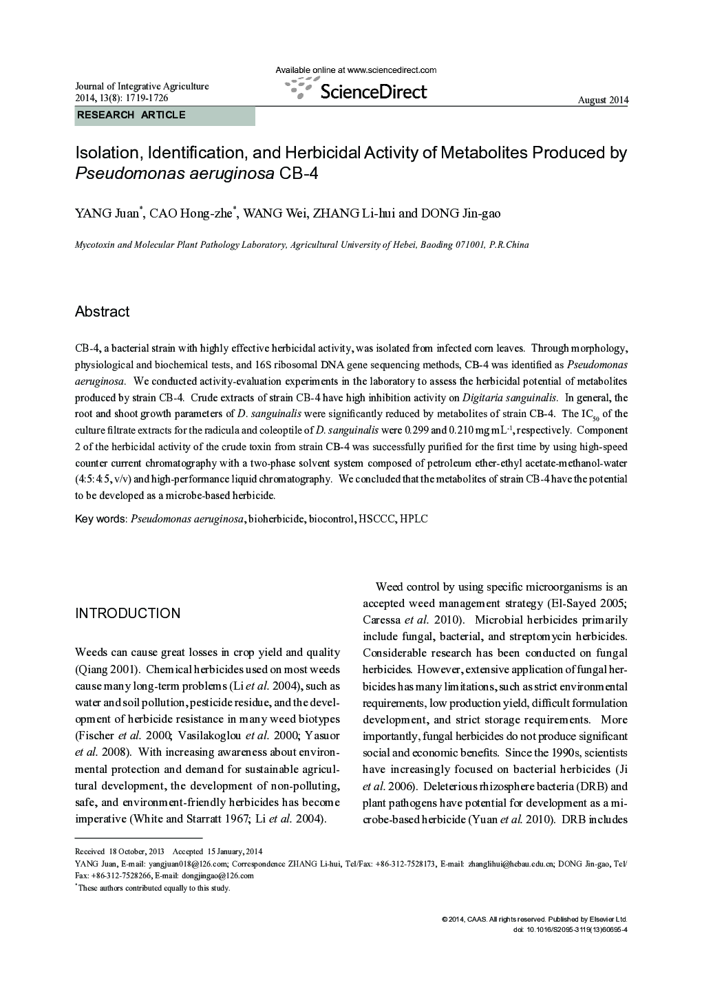 Isolation, Identification, and Herbicidal Activity of Metabolites Produced by Pseudomonas aeruginosa CB-4