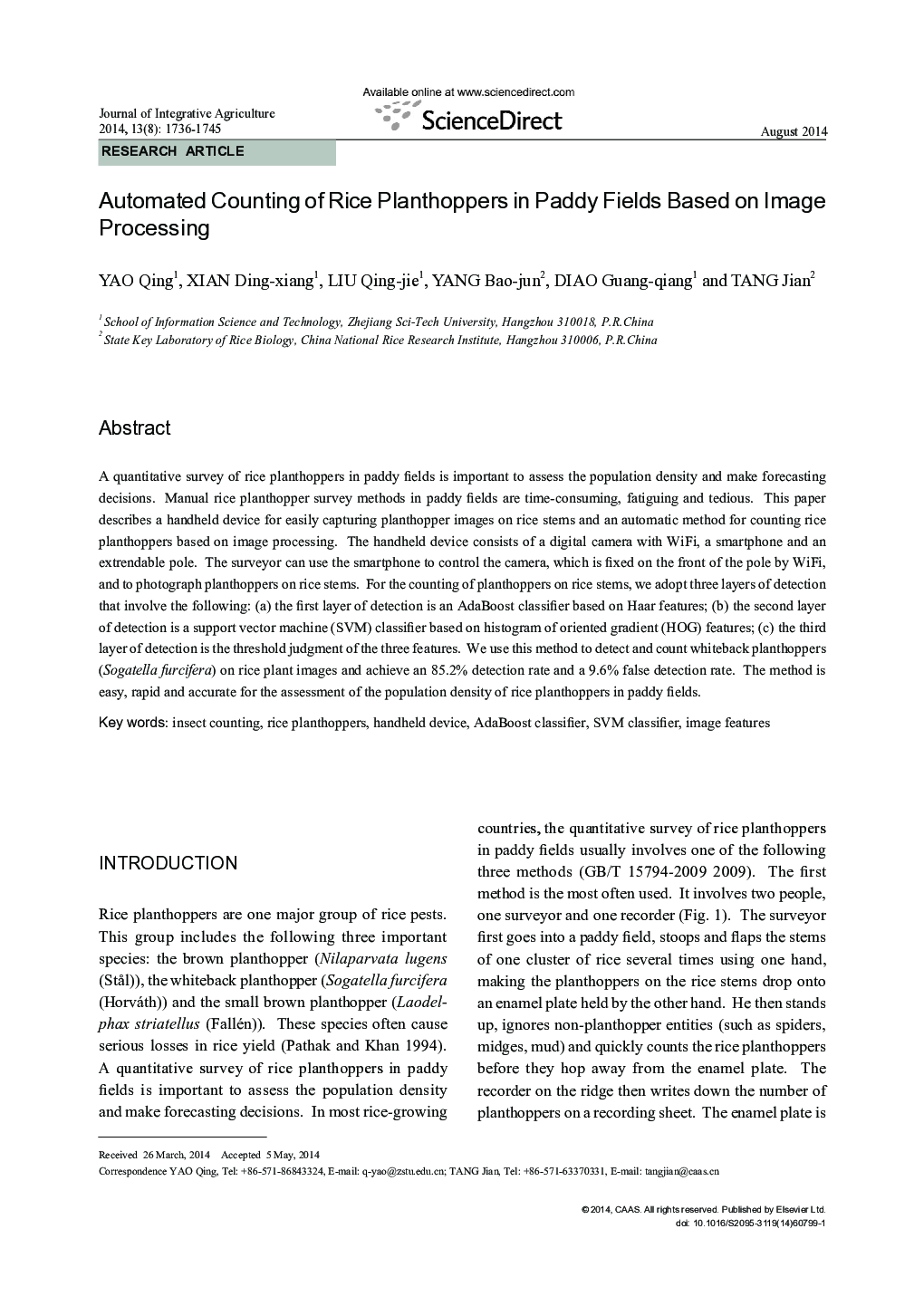 Automated Counting of Rice Planthoppers in Paddy Fields Based on Image Processing