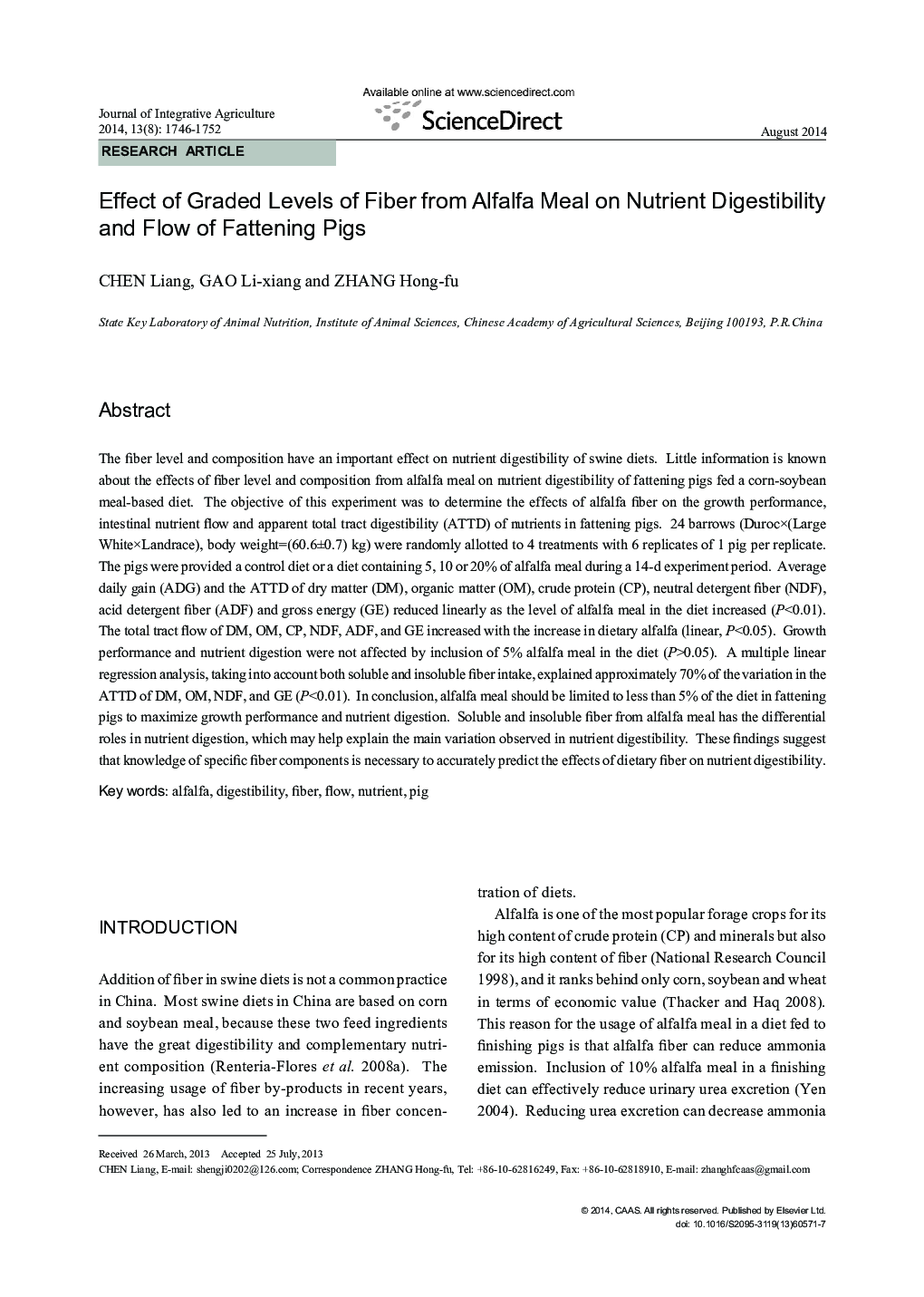 Effect of Graded Levels of Fiber from Alfalfa Meal on Nutrient Digestibility and Flow of Fattening Pigs