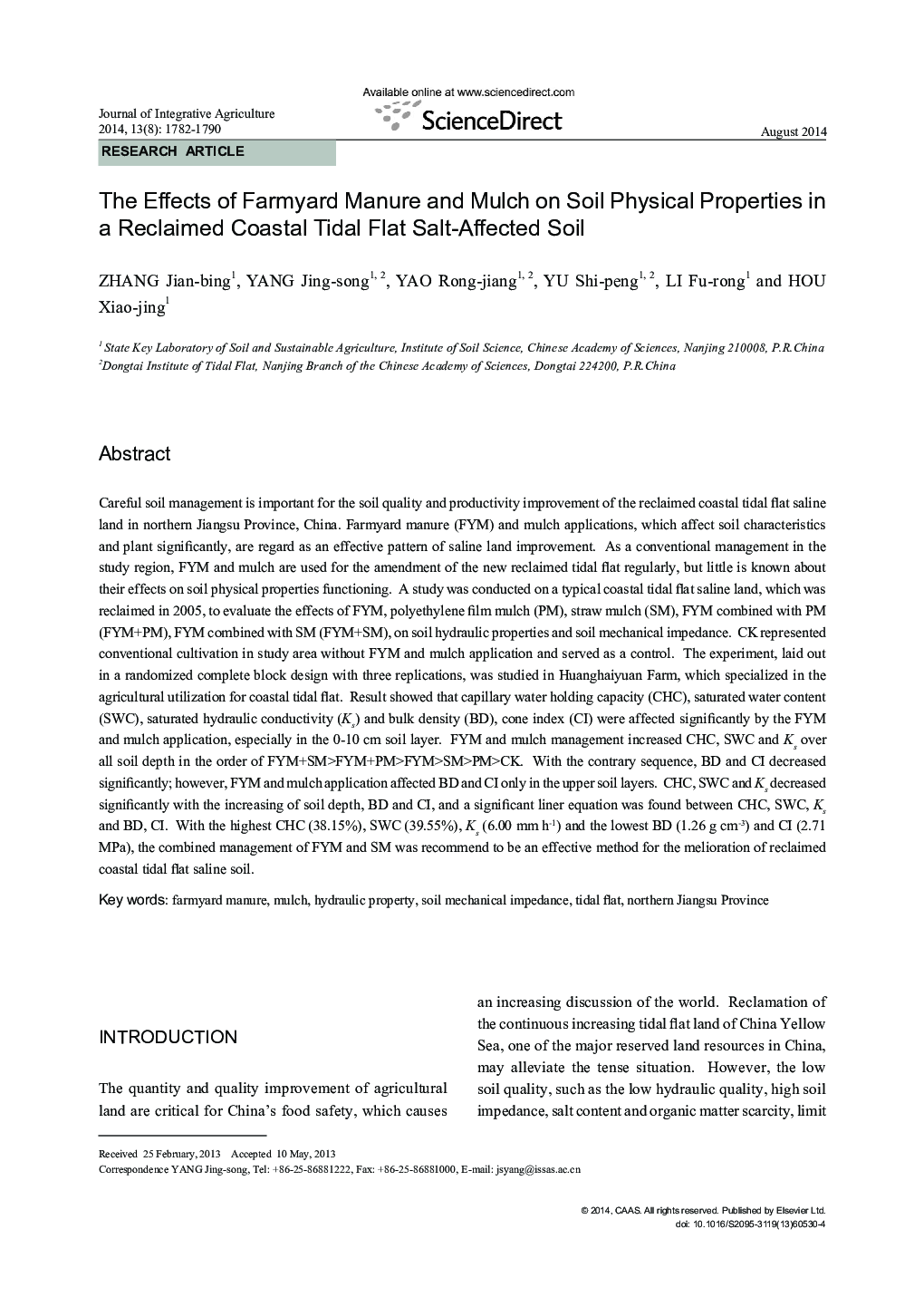 The Effects of Farmyard Manure and Mulch on Soil Physical Properties in a Reclaimed Coastal Tidal Flat Salt-Affected Soil