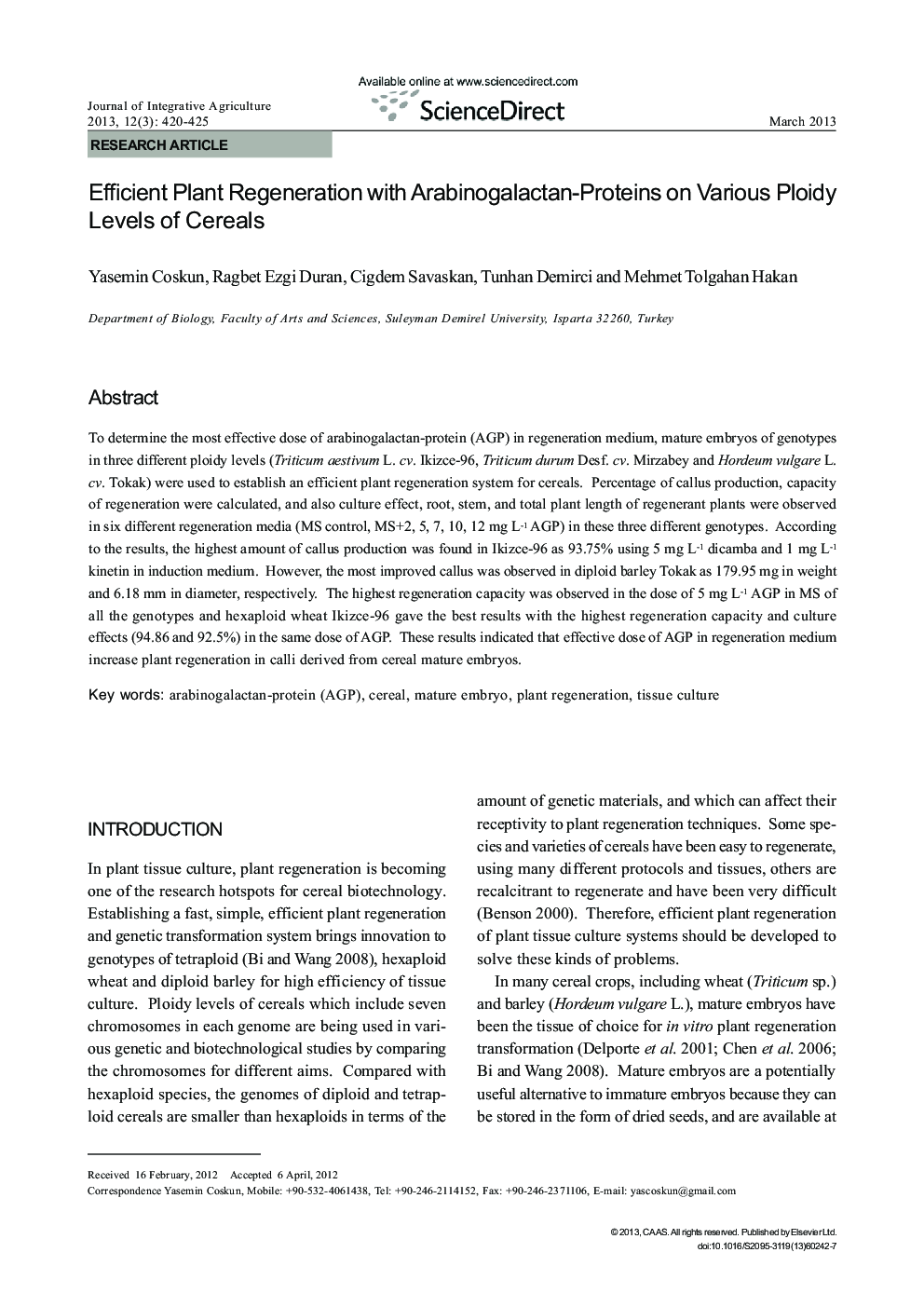 Efficient Plant Regeneration with Arabinogalactan-Proteins on Various Ploidy Levels of Cereals