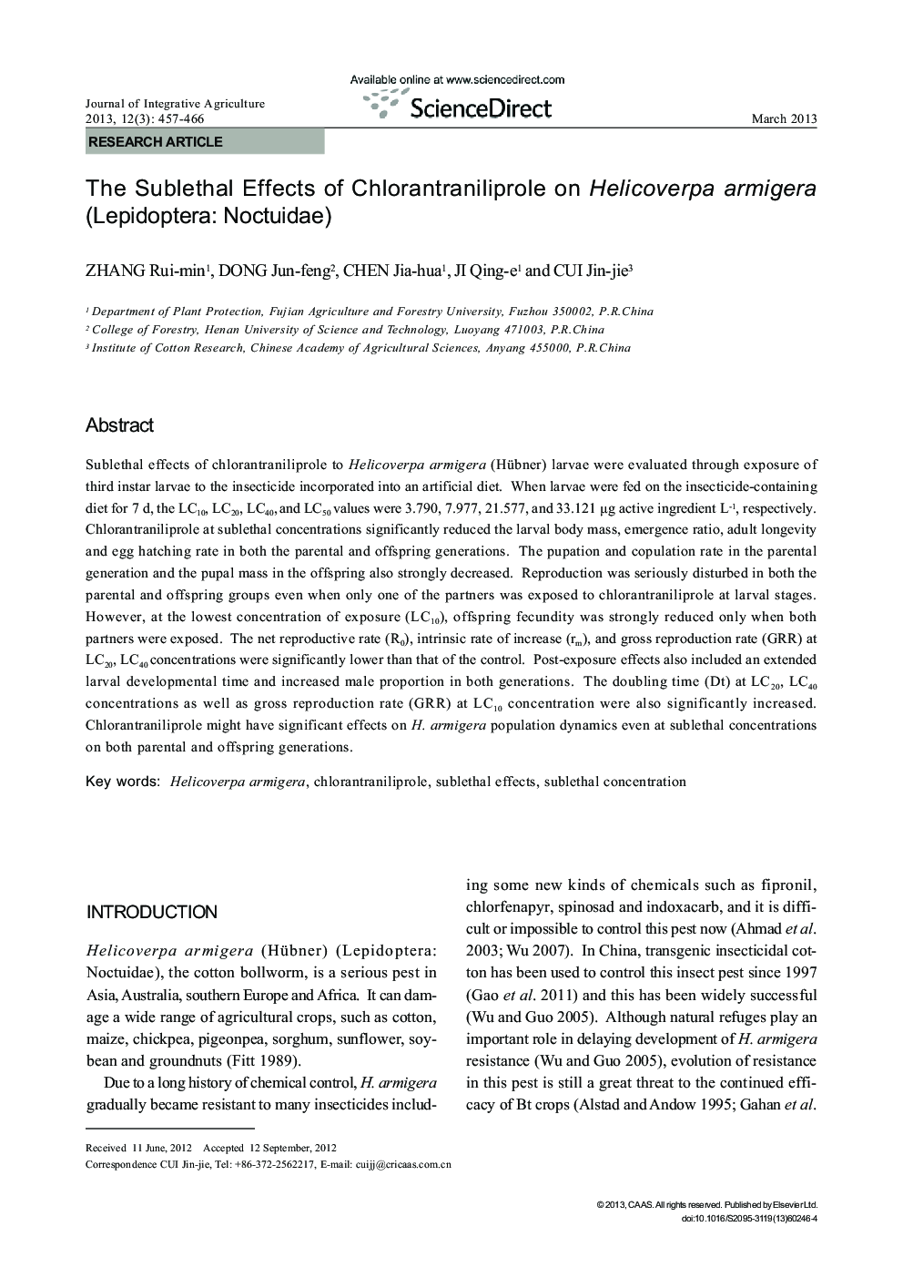 The Sublethal Effects of Chlorantraniliprole on Helicoverpa armigera (Lepidoptera: Noctuidae)