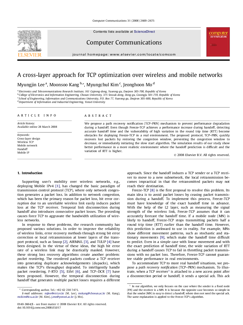 A cross-layer approach for TCP optimization over wireless and mobile networks