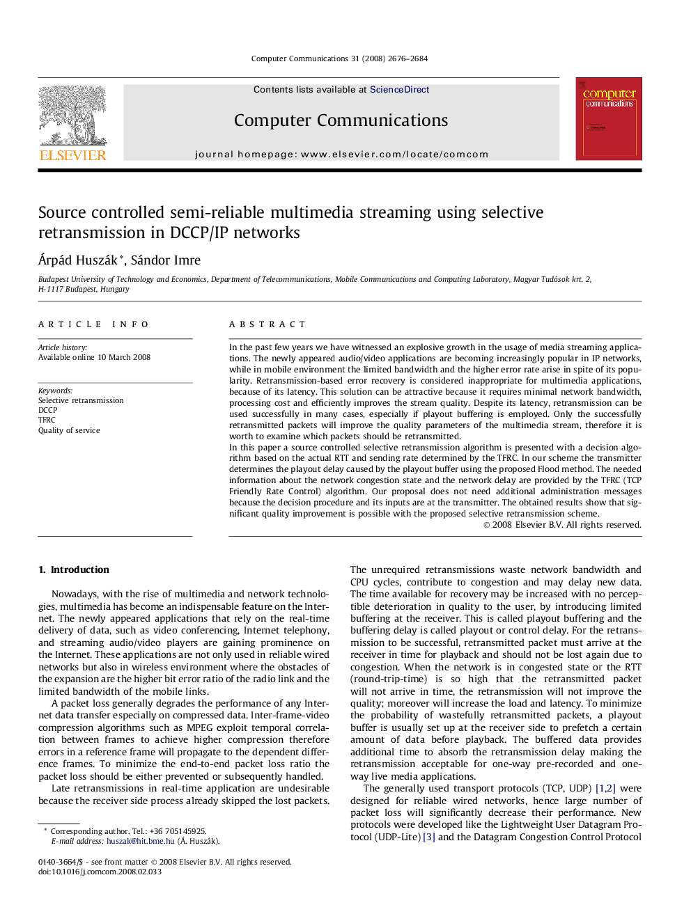 Source controlled semi-reliable multimedia streaming using selective retransmission in DCCP/IP networks