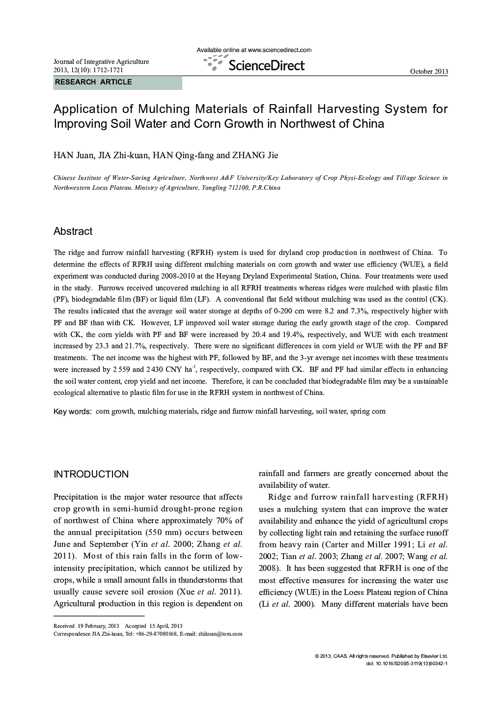 Application of Mulching Materials of Rainfall Harvesting System for Improving Soil Water and Corn Growth in Northwest of China