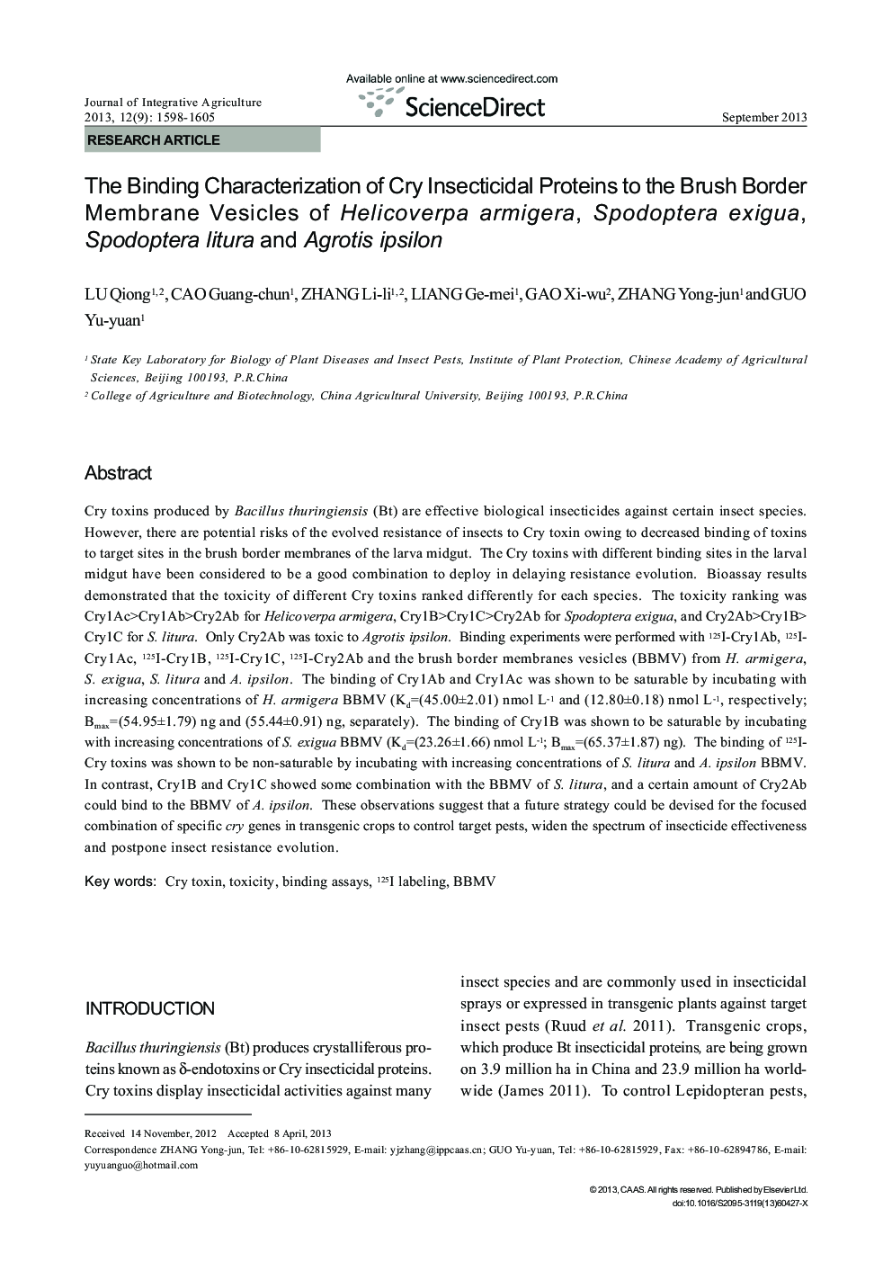 The Binding Characterization of Cry Insecticidal Proteins to the Brush Border Membrane Vesicles of Helicoverpa armigera, Spodoptera exigua, Spodoptera litura and Agrotis ipsilon
