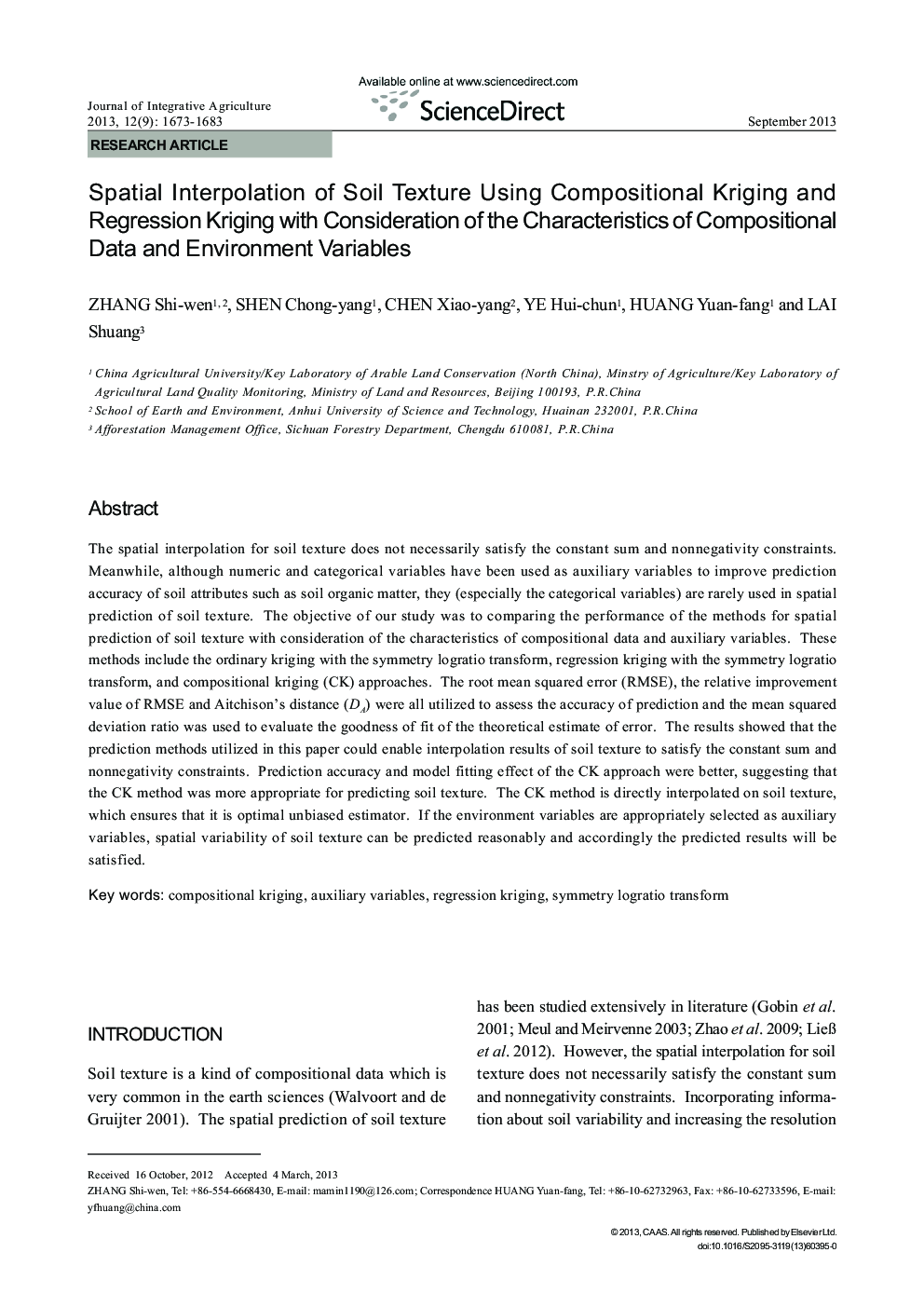 Spatial Interpolation of Soil Texture Using Compositional Kriging and Regression Kriging with Consideration of the Characteristics of Compositional Data and Environment Variables