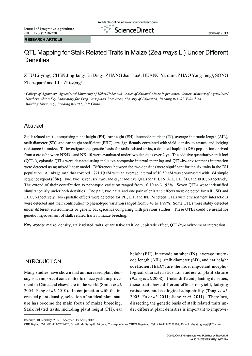 QTL Mapping for Stalk Related Traits in Maize (Zea mays L.) Under Different Densities