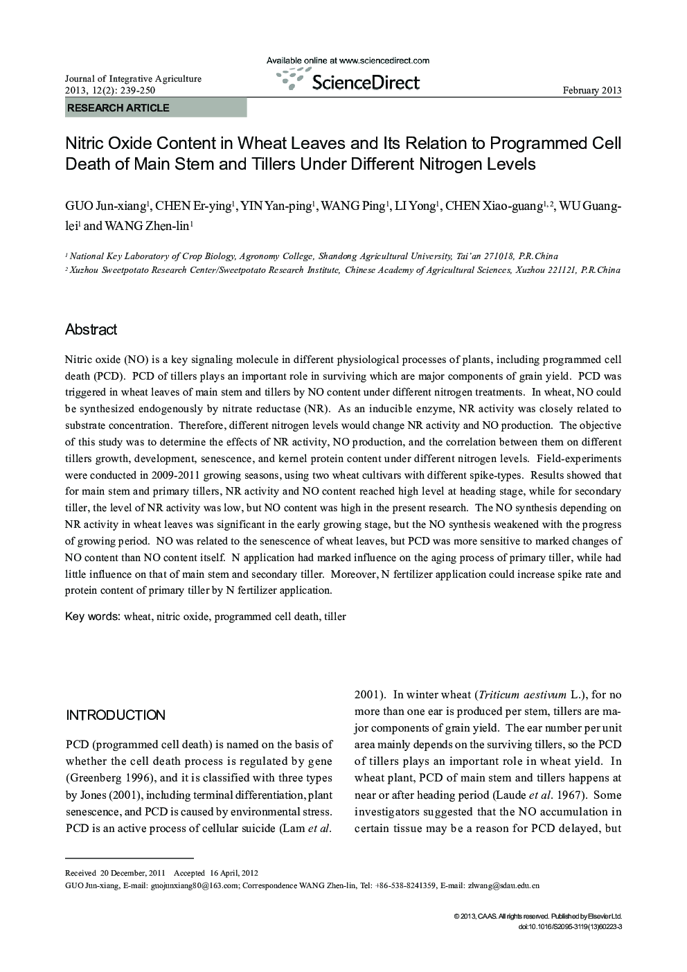 Nitric Oxide Content in Wheat Leaves and Its Relation to Programmed Cell Death of Main Stem and Tillers Under Different Nitrogen Levels