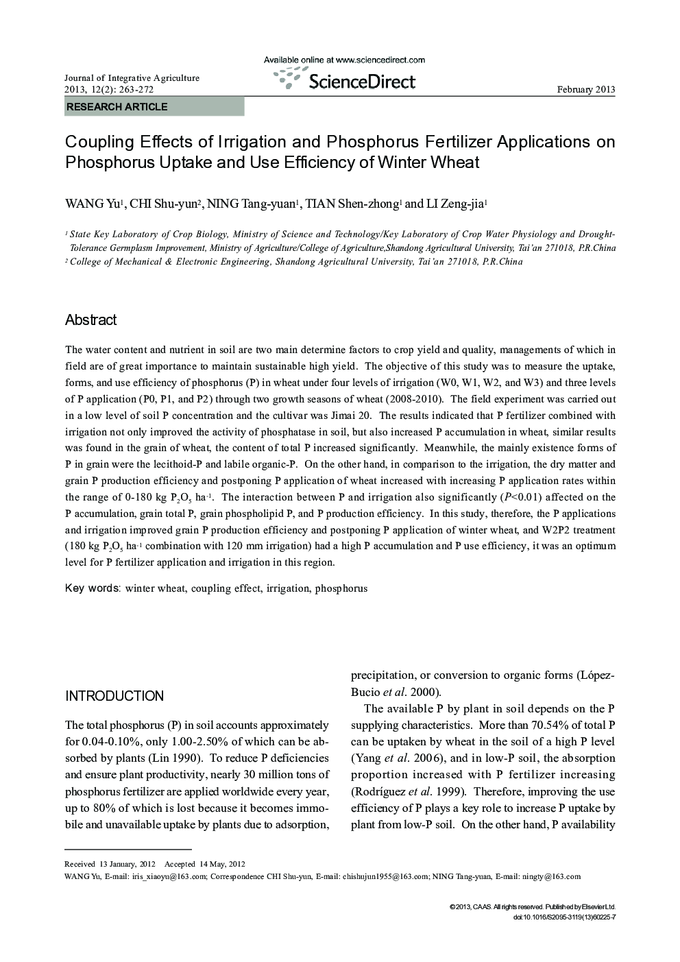 Coupling Effects of Irrigation and Phosphorus Fertilizer Applications on Phosphorus Uptake and Use Efficiency of Winter Wheat