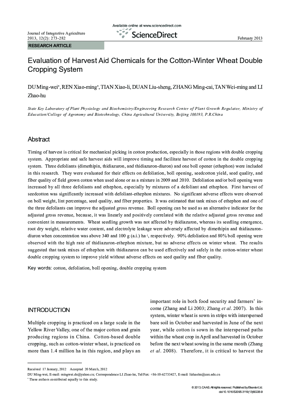 Evaluation of Harvest Aid Chemicals for the Cotton-Winter Wheat Double Cropping System