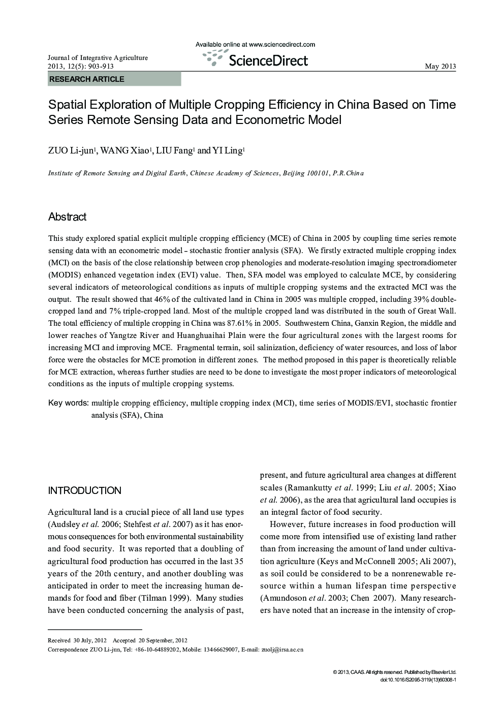 Spatial Exploration of Multiple Cropping Efficiency in China Based on Time Series Remote Sensing Data and Econometric Model