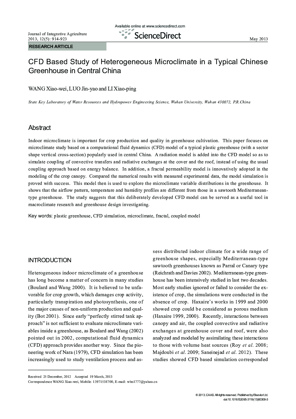 CFD Based Study of Heterogeneous Microclimate in a Typical Chinese Greenhouse in Central China