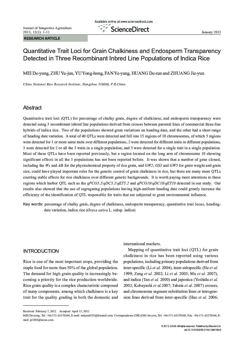 Quantitative Trait Loci for Grain Chalkiness and Endosperm Transparency Detected in Three Recombinant Inbred Line Populations of Indica Rice