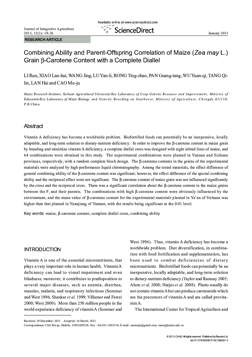 Combining Ability and Parent-Offspring Correlation of Maize (Zea may L.) Grain β-Carotene Content with a Complete Diallel