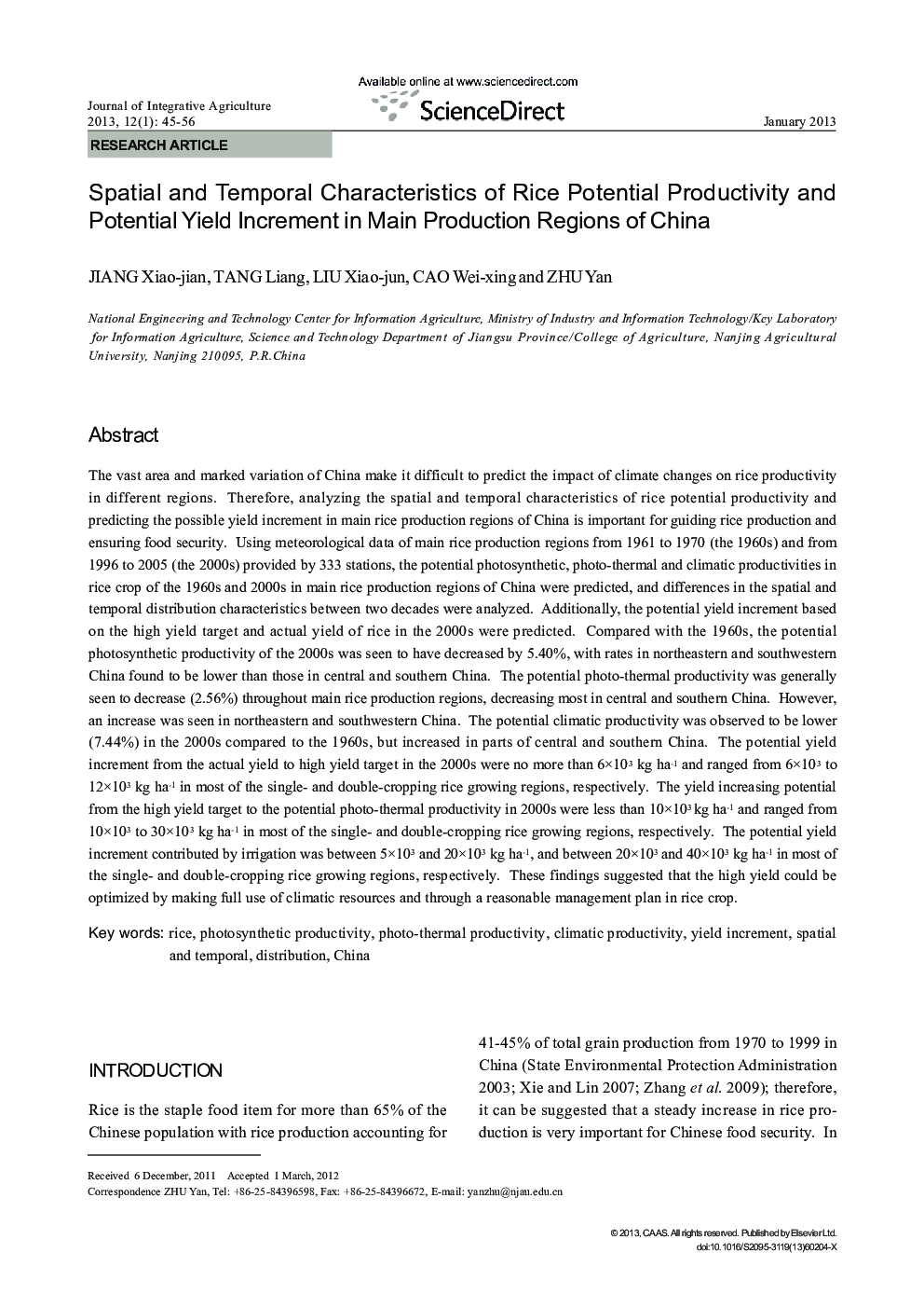 Spatial and Temporal Characteristics of Rice Potential Productivity and Potential Yield Increment in Main Production Regions of China