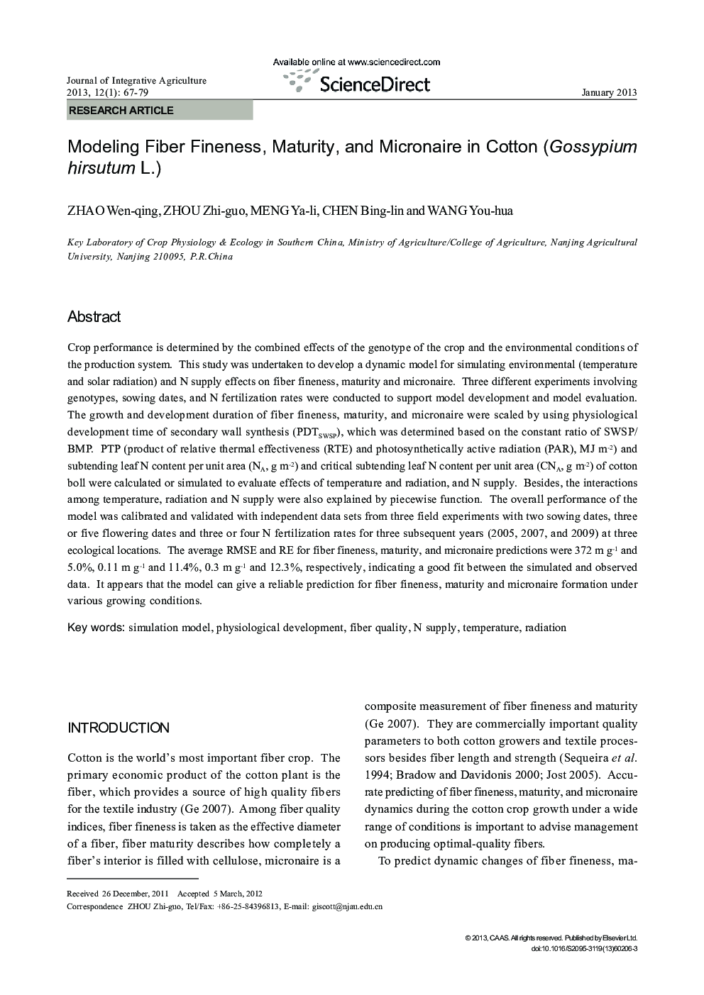 Modeling Fiber Fineness, Maturity, and Micronaire in Cotton (Gossypium hirsutum L.)