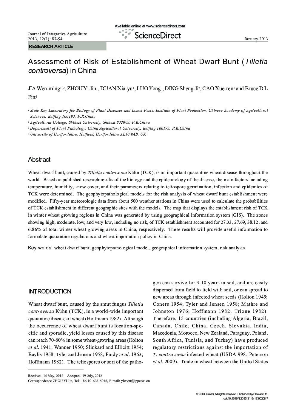 Assessment of Risk of Establishment of Wheat Dwarf Bunt (Tilletia controversa) in China